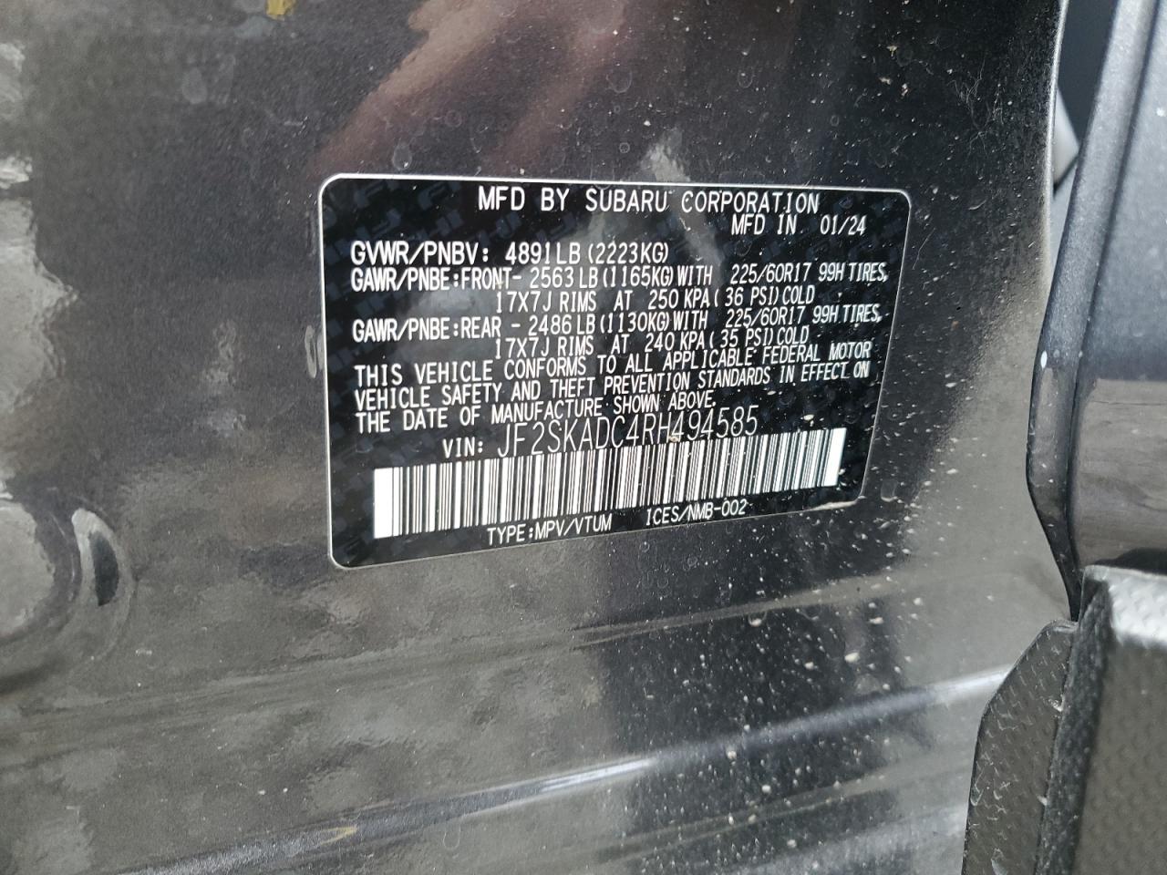 2024 SUBARU FORESTER PREMIUM VIN:JF2SKADC4RH494585