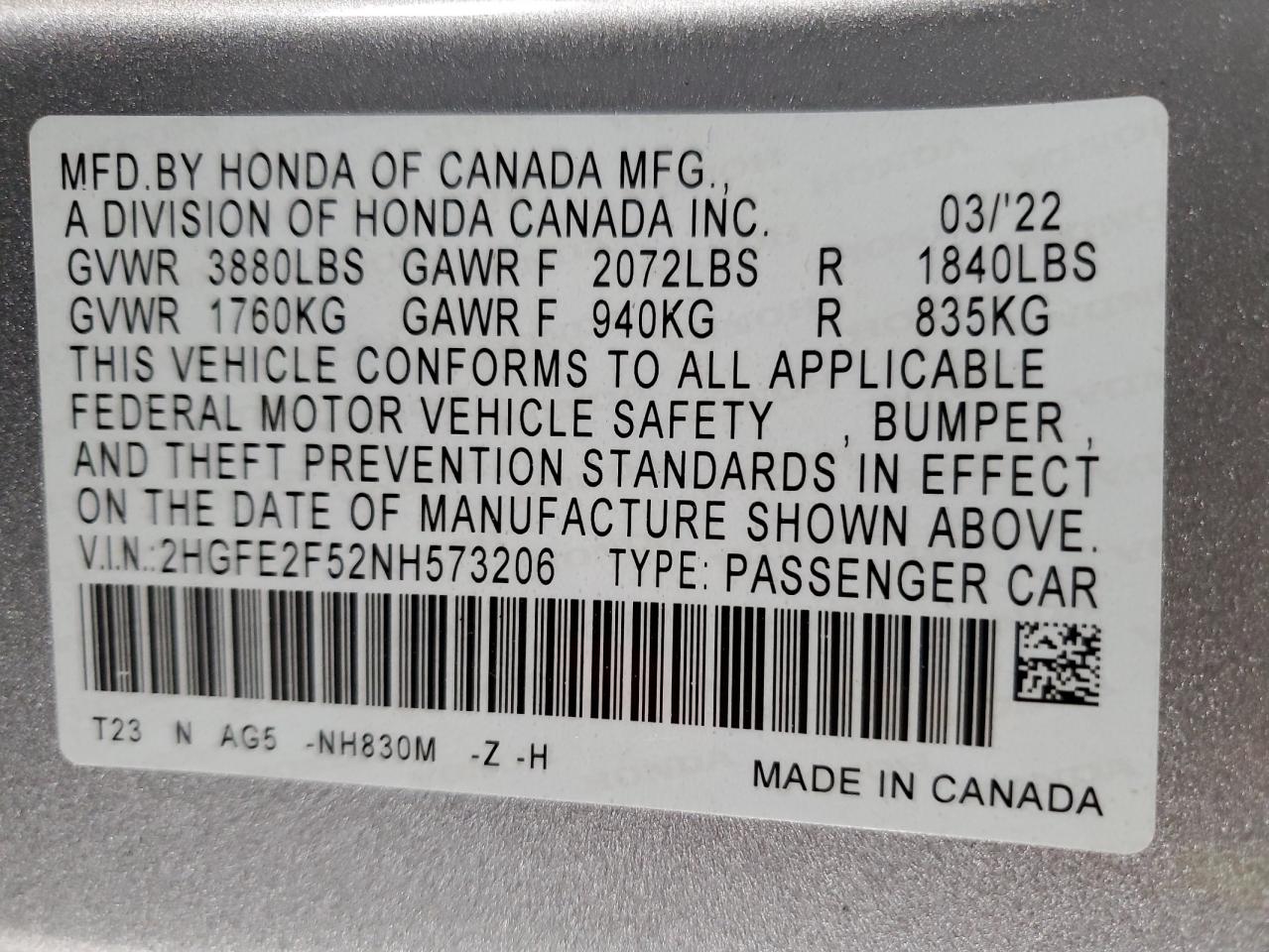 2022 HONDA CIVIC SPORT VIN:2HGFE2F52NH573206