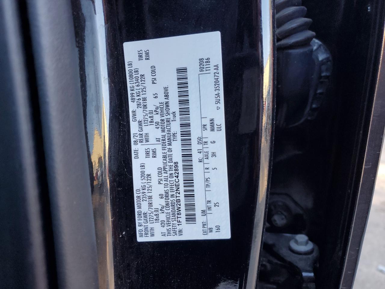 2022 FORD F250 SUPER DUTY VIN:1FT8W2BT2NEC42898