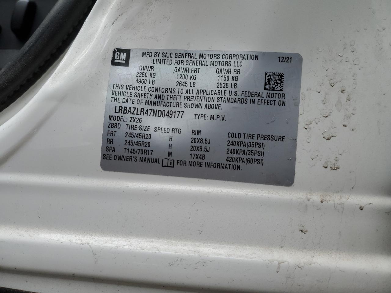 2022 BUICK ENVISION PREFERRED VIN:LRBAZLR47ND049177