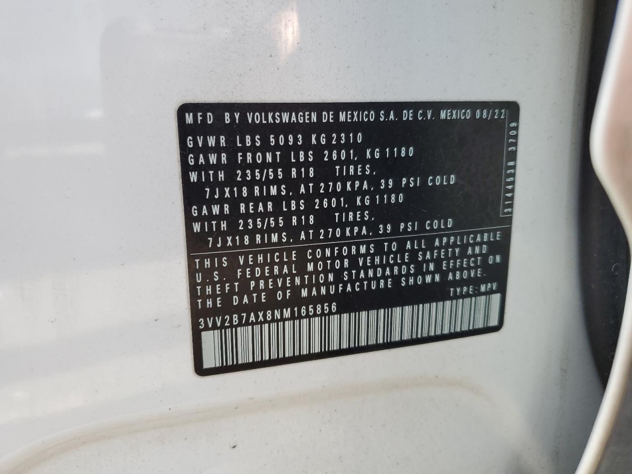 2022 VOLKSWAGEN TIGUAN SE VIN:3VV2B7AX8NM165856