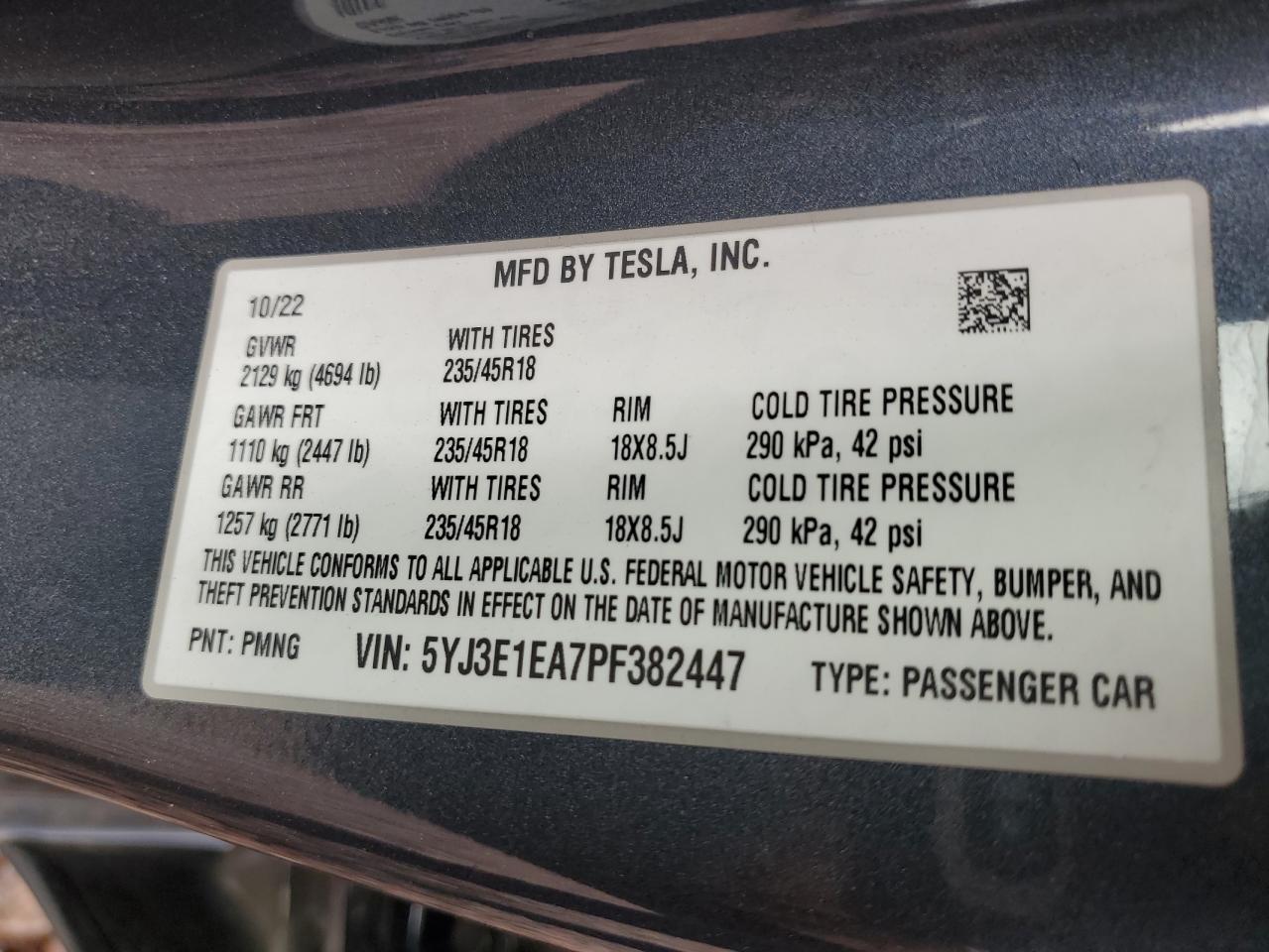 2023 TESLA MODEL 3 VIN:5YJ3E1EA7PF382447