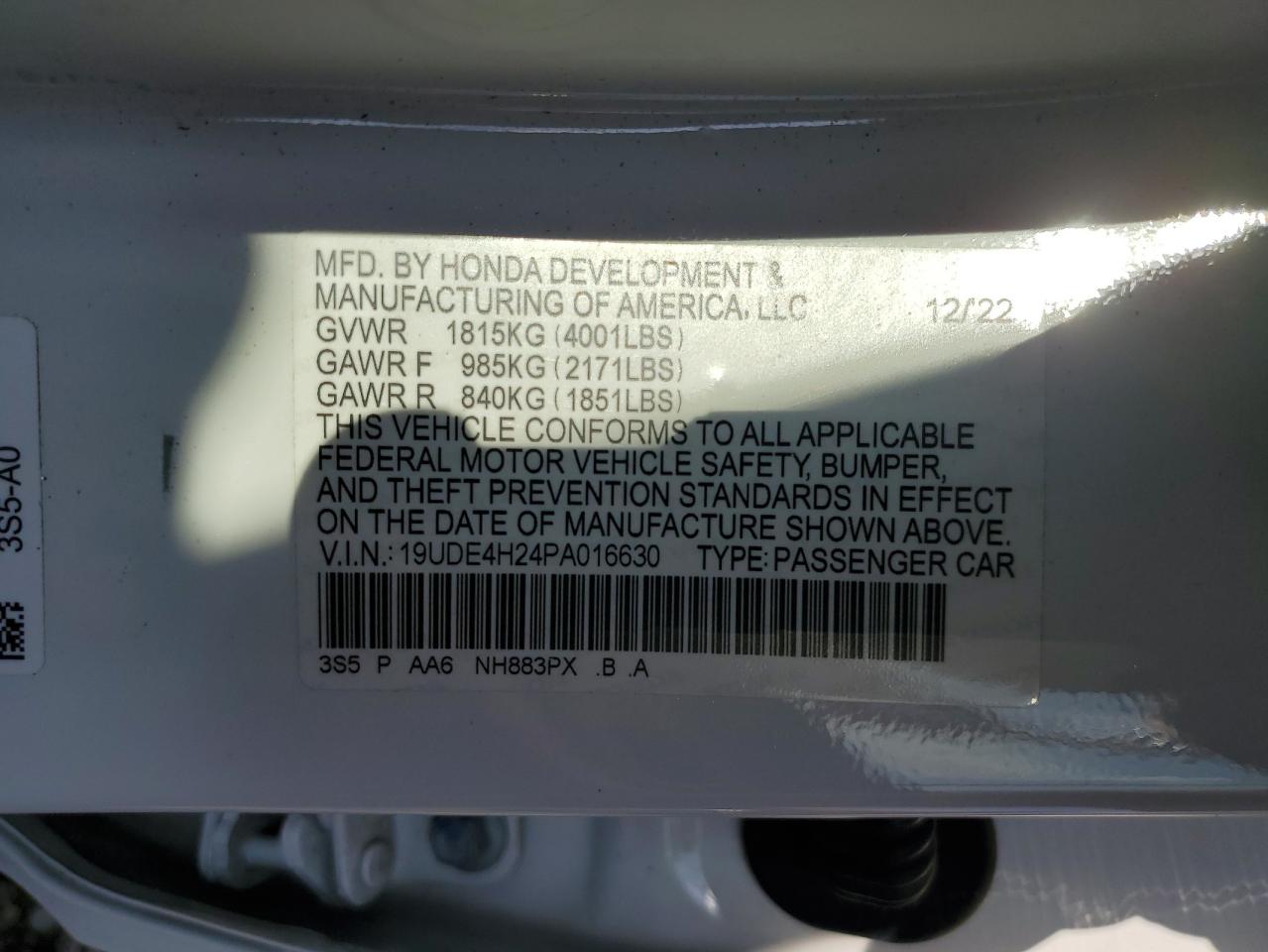 2023 ACURA INTEGRA VIN:19UDE4H24PA016630