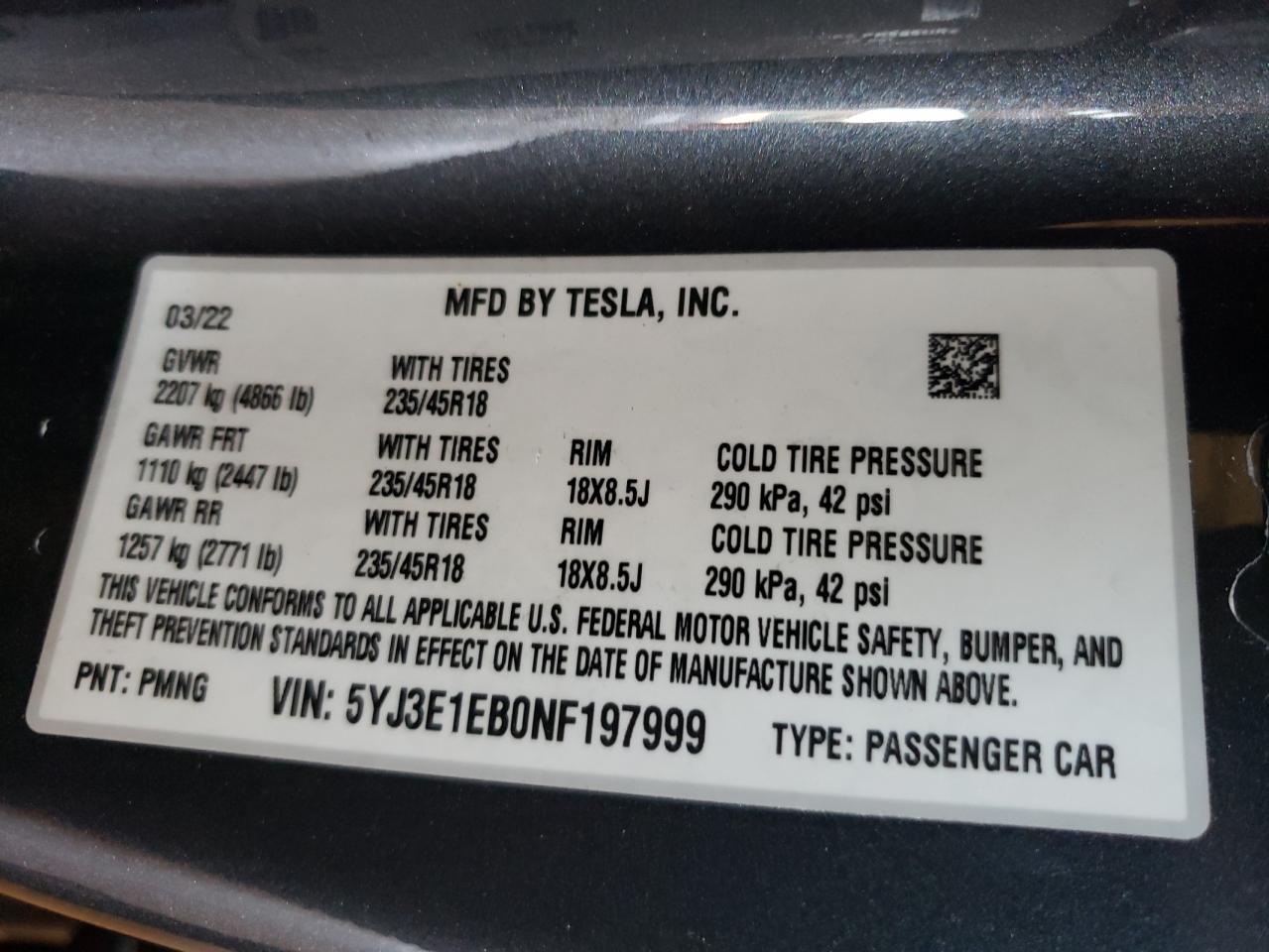 2022 TESLA MODEL 3 VIN:5YJ3E1EB0NF197999