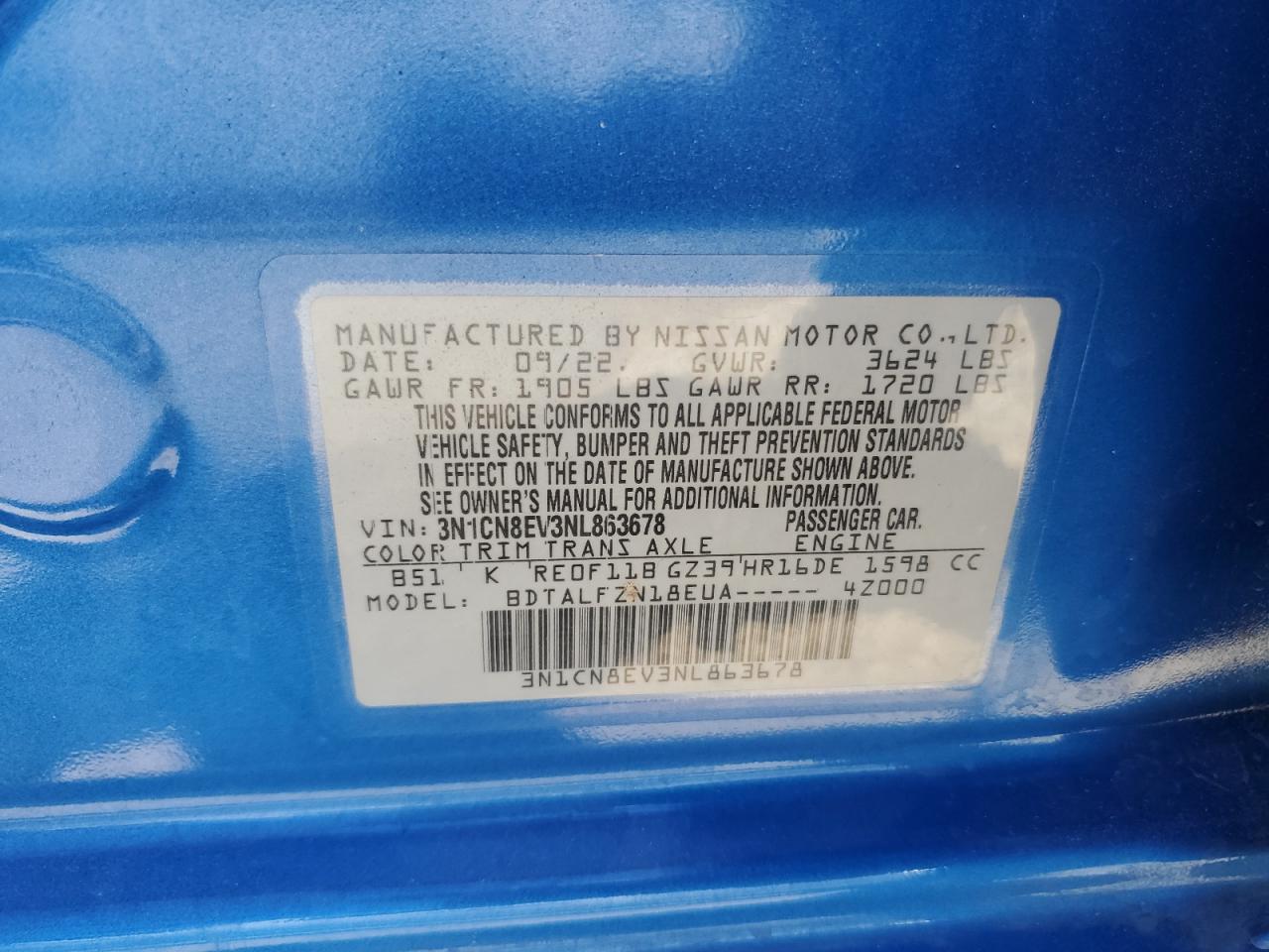 2022 NISSAN VERSA SV VIN:3N1CN8EV3NL863678