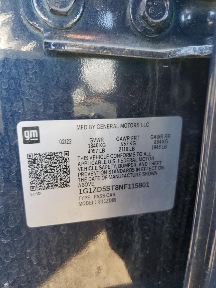 2022 CHEVROLET MALIBU LT VIN:1G1ZD5ST8NF115801