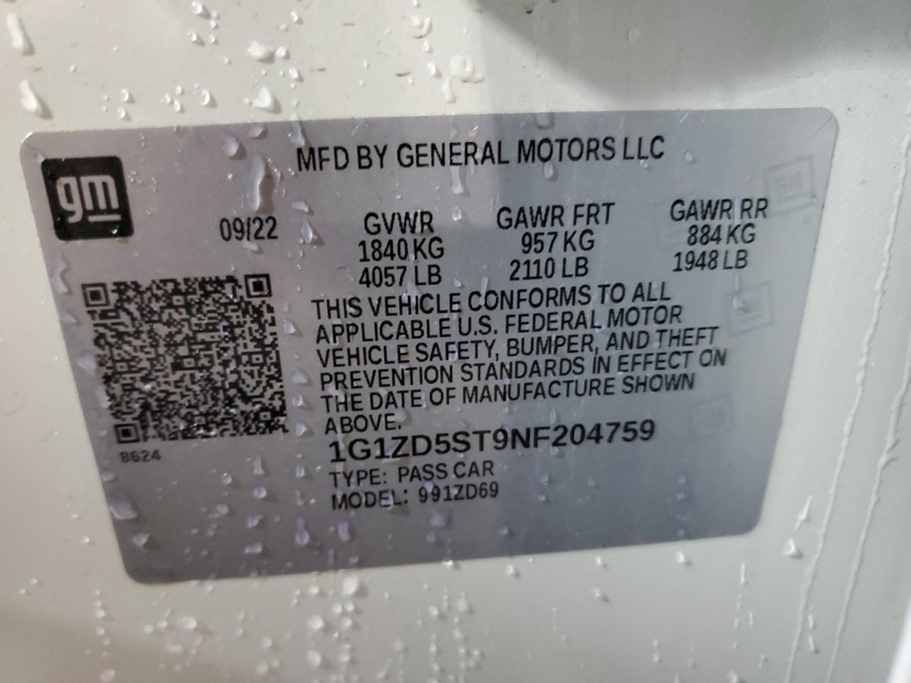 2022 CHEVROLET MALIBU LT VIN:1G1ZD5ST9NF204759