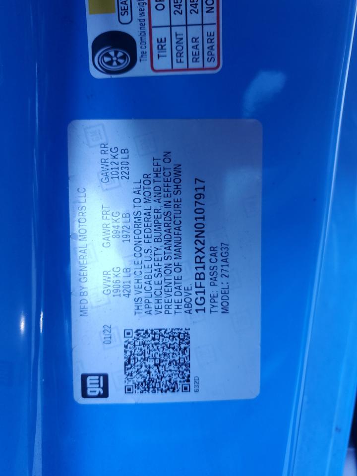 2022 CHEVROLET CAMARO LS VIN:1G1FB1RX2N0107917