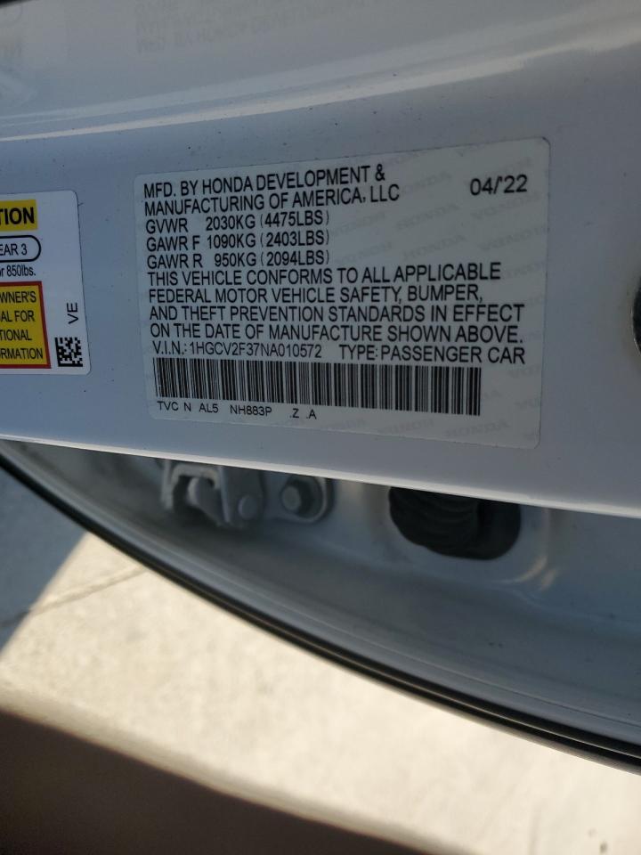 2022 HONDA ACCORD SPORT VIN:1HGCV2F37NA010572