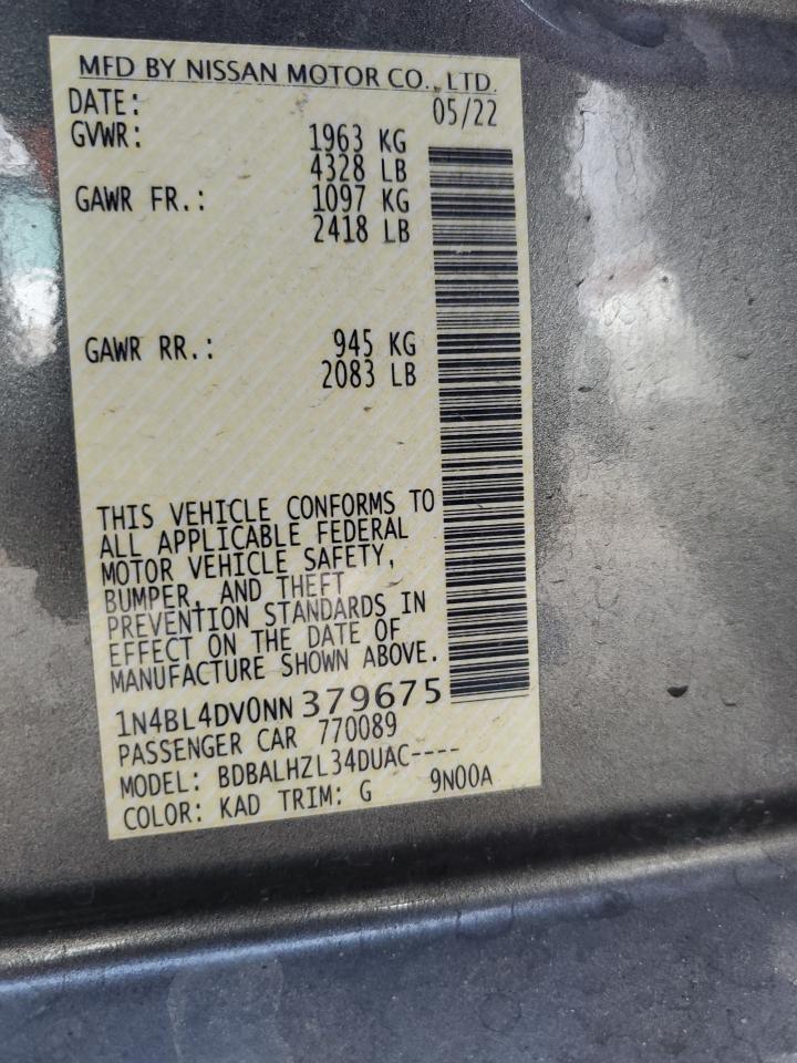 2022 NISSAN ALTIMA SV VIN:1N4BL4DV0NN379675