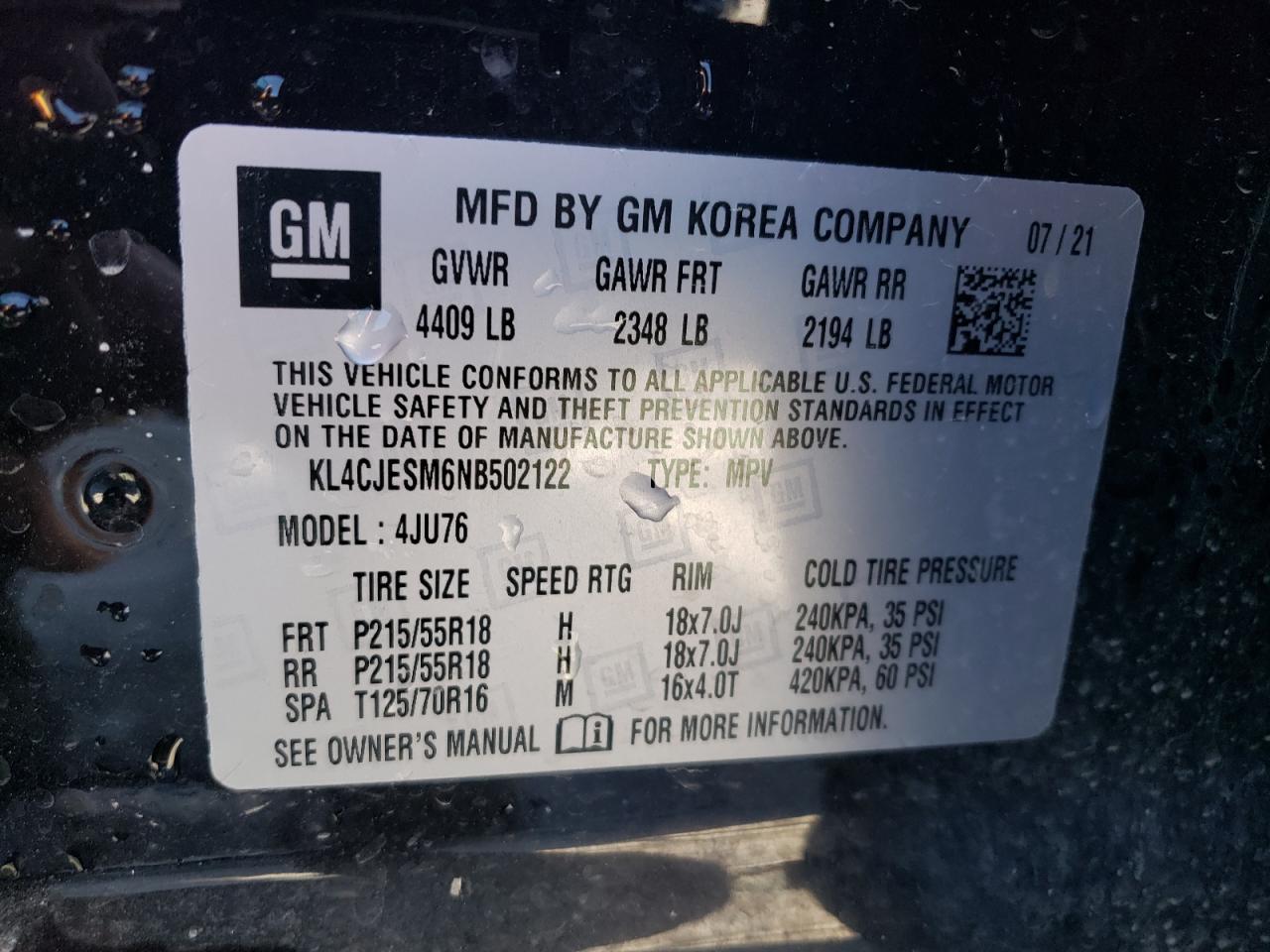 2022 BUICK ENCORE PREFERRED VIN:KL4CJESM6NB502122