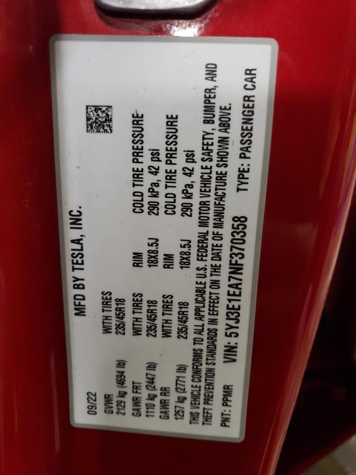 2022 TESLA MODEL 3 VIN:5YJ3E1EA7NF370358