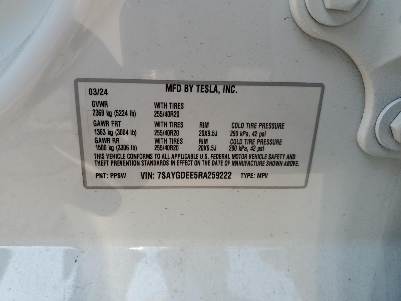 2024 TESLA MODEL Y VIN:7SAYGDEE5RA259222