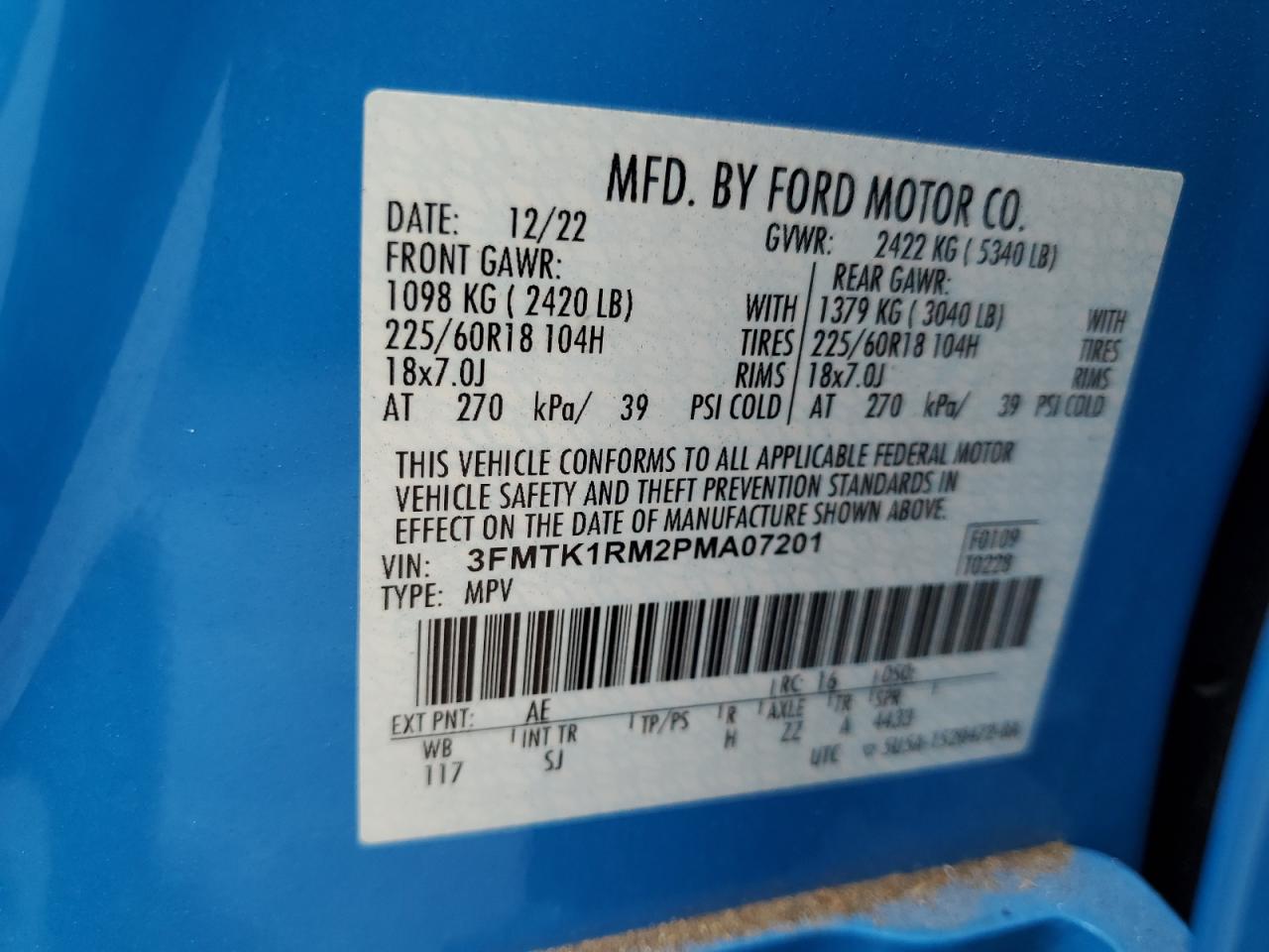 2023 FORD MUSTANG MACH-E SELECT VIN:3FMTK1RM2PMA07201