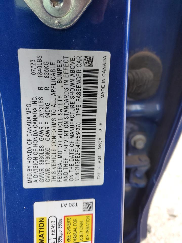 2023 HONDA CIVIC SPORT VIN:2HGFE2F54PH564378