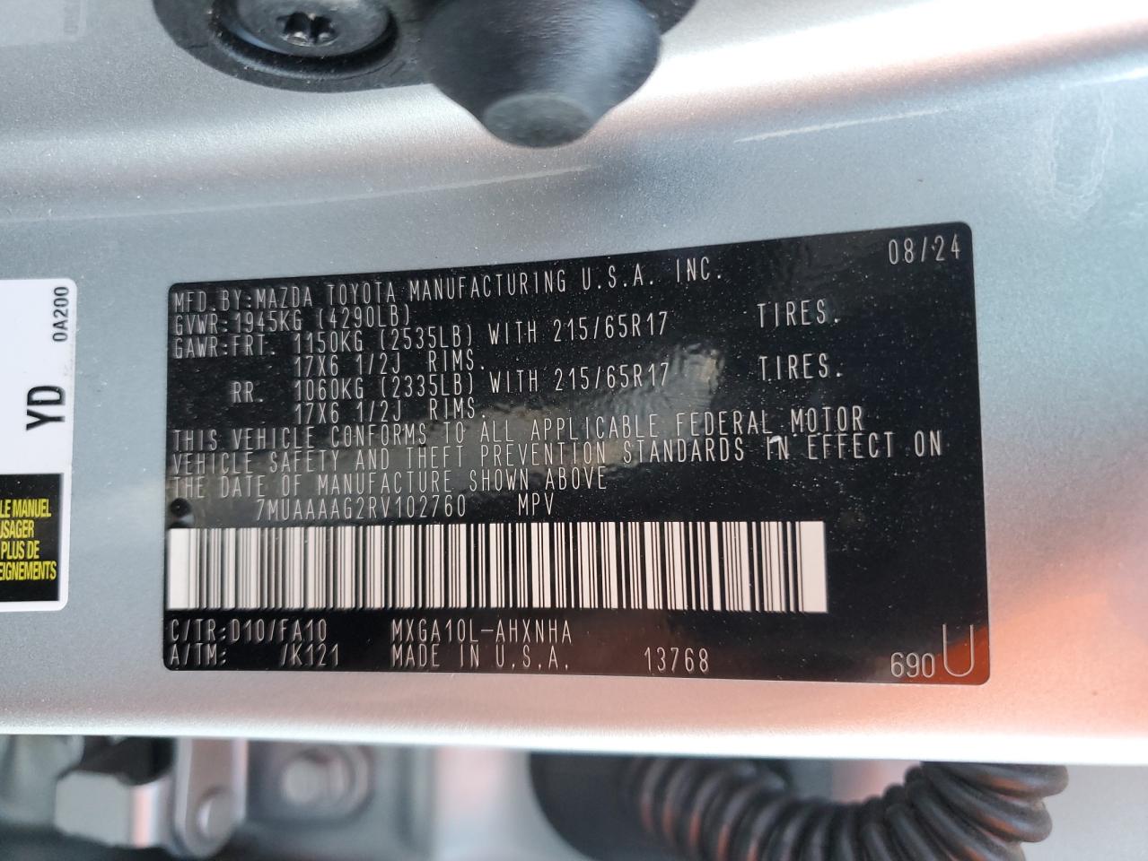 2024 TOYOTA COROLLA CROSS L VIN:7MUAAAAG2RV102760