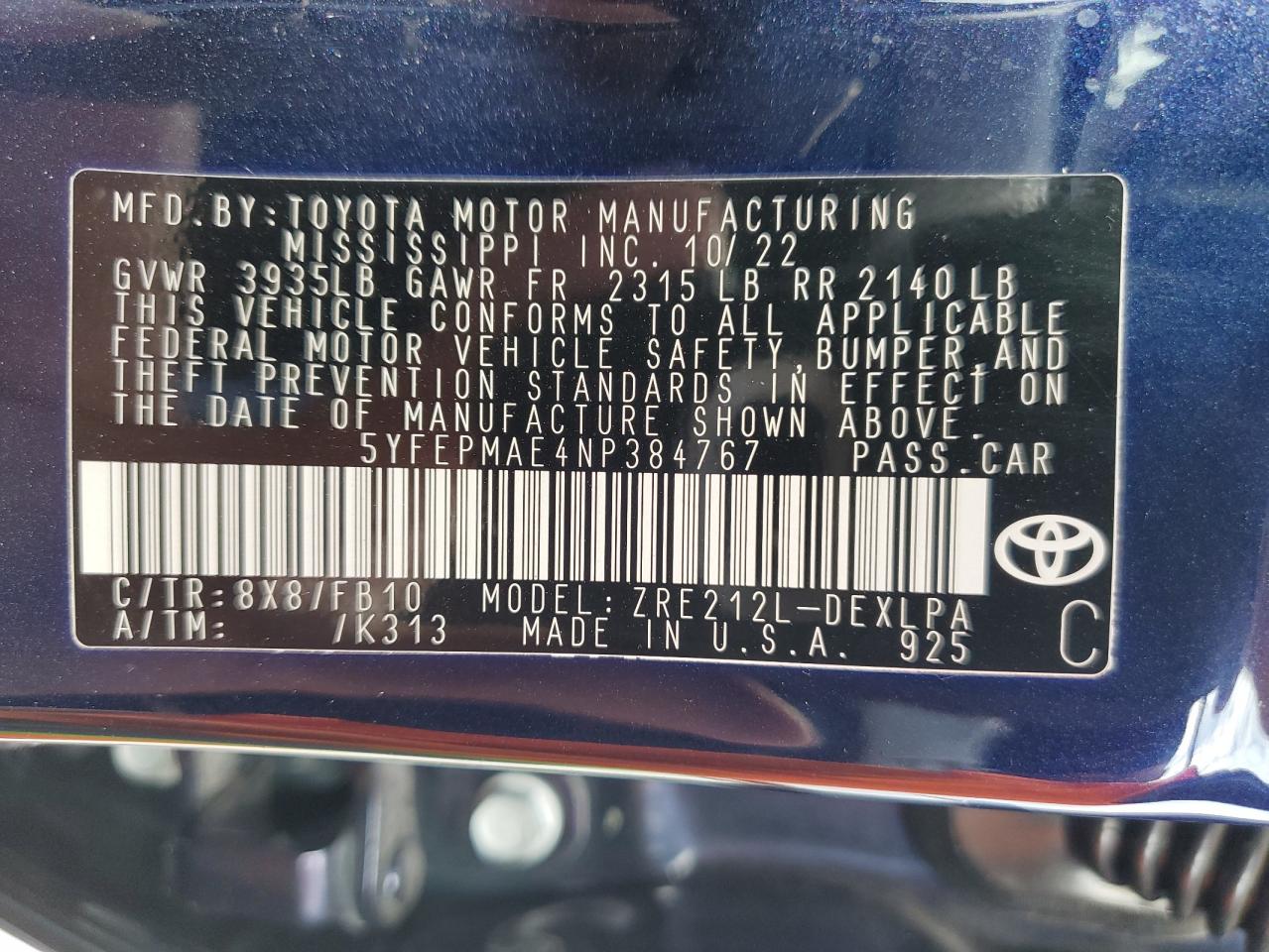 2022 TOYOTA COROLLA LE VIN:5YFEPMAE4NP384767