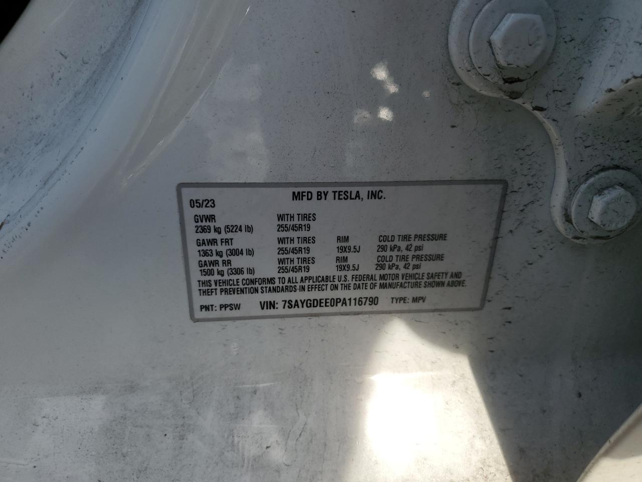 2023 TESLA MODEL Y VIN:7SAYGDEE0PA116790