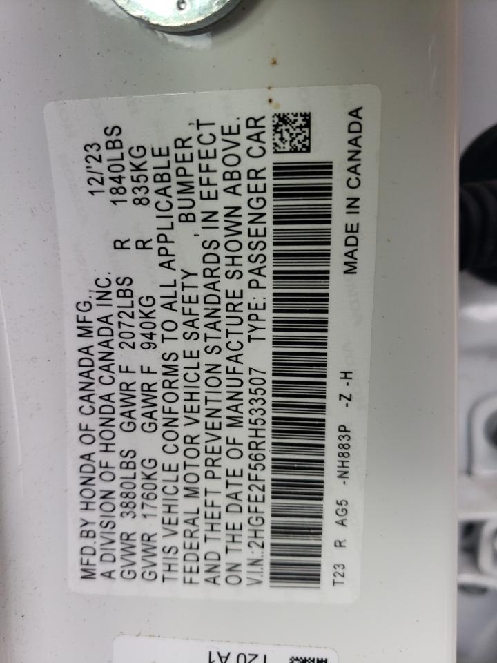 2024 HONDA CIVIC SPORT VIN:2HGFE2F56RH533507