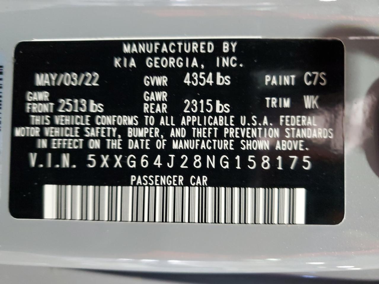 2022 KIA K5 GT LINE VIN:5XXG64J28NG158175