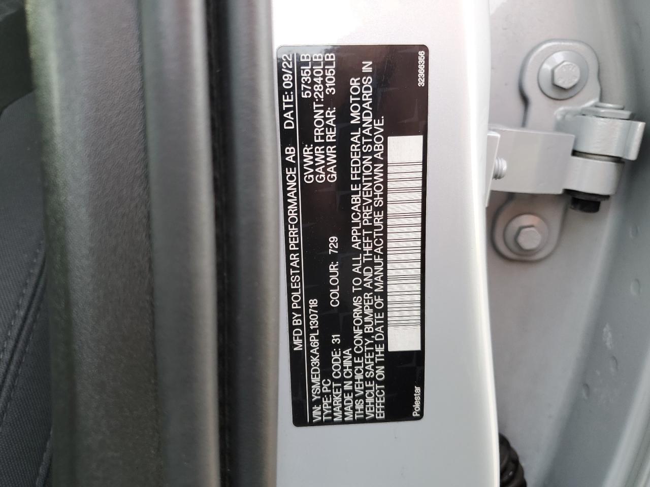 2023 POLESTAR 2 VIN:YSMED3KA6PL130718