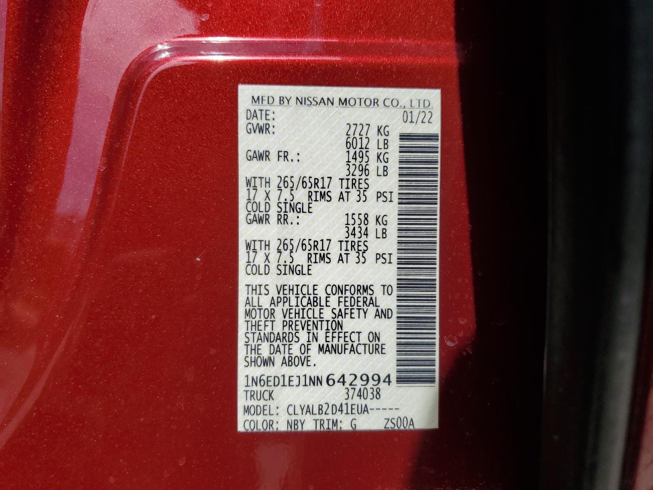 2022 NISSAN FRONTIER S VIN:1N6ED1EJ1NN642994