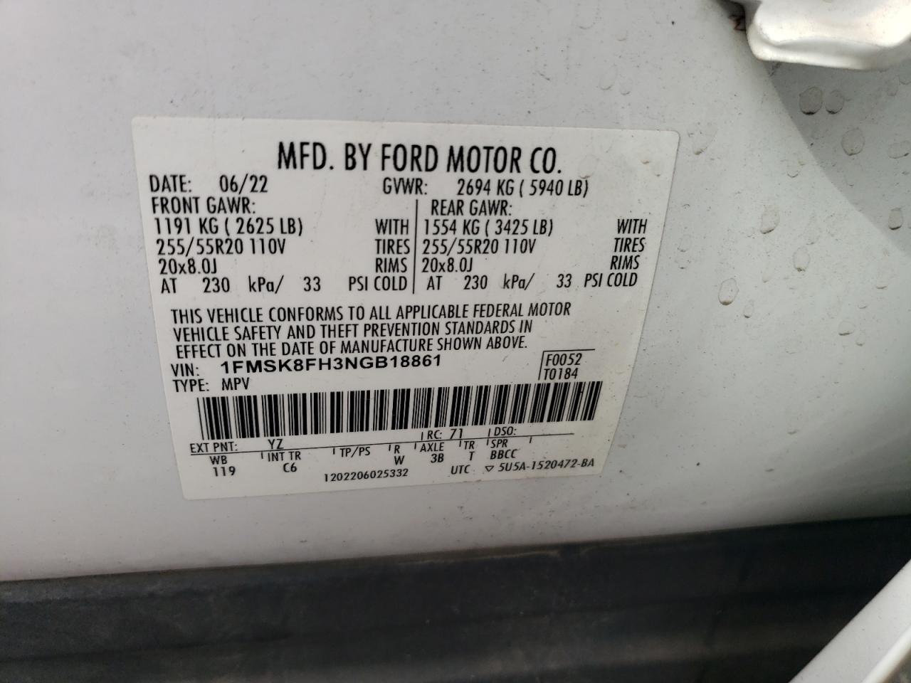 2022 FORD EXPLORER LIMITED VIN:1FMSK8FH3NGB18861