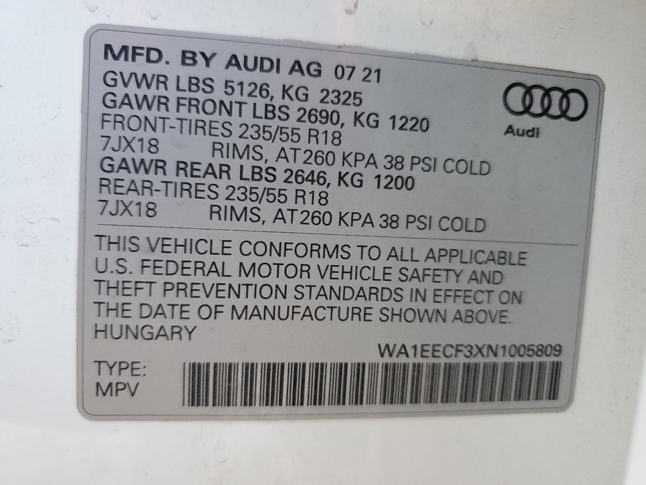 2022 AUDI Q3 PREMIUM PLUS S LINE 45 VIN:WA1EECF3XN1005809