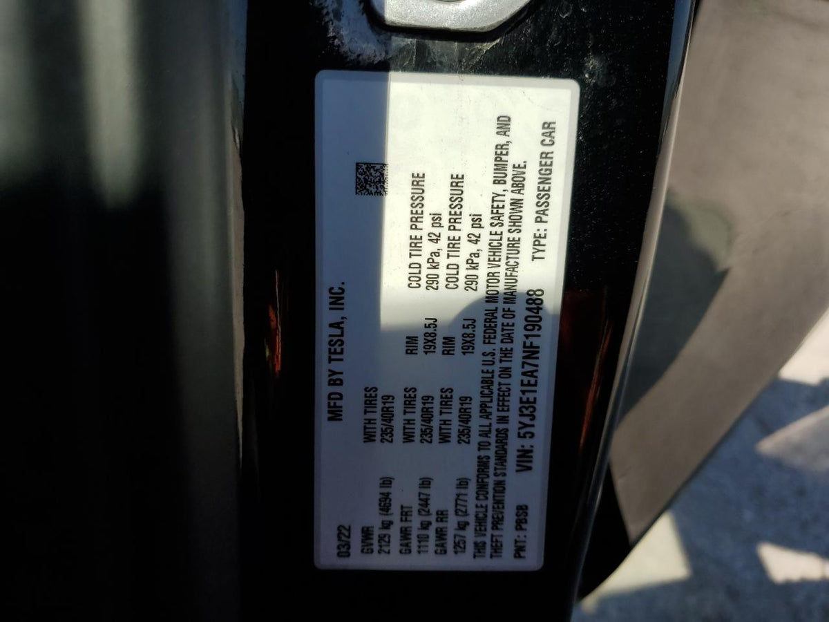 2022 TESLA MODEL 3 VIN:5YJ3E1EA7NF190488