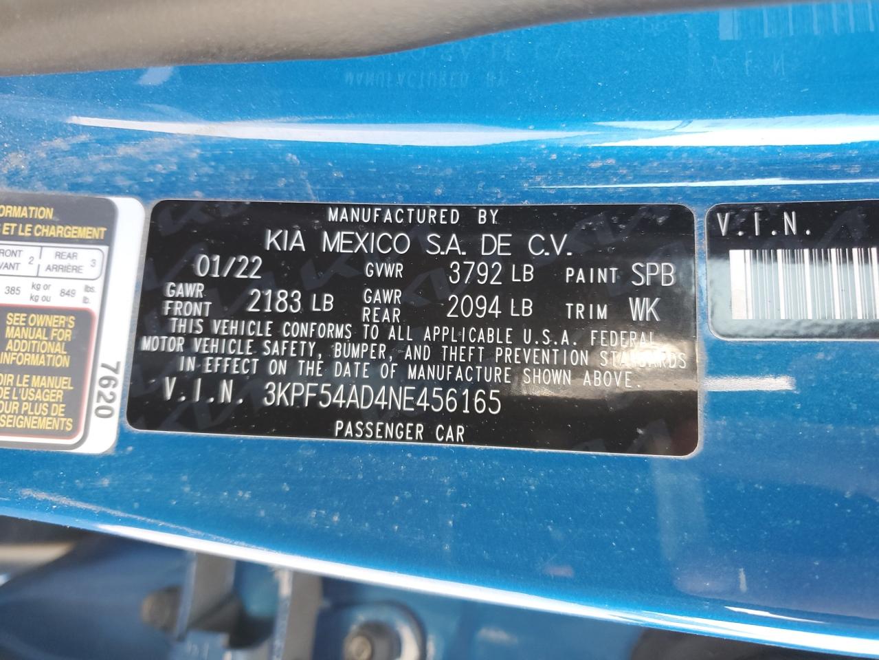 2022 KIA FORTE GT LINE VIN:3KPF54AD4NE456165
