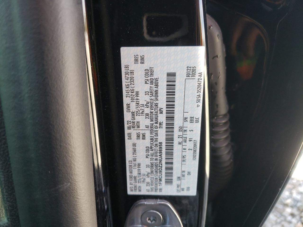 2022 FORD ESCAPE TITANIUM VIN:1FMCU9DZ2NUA98958