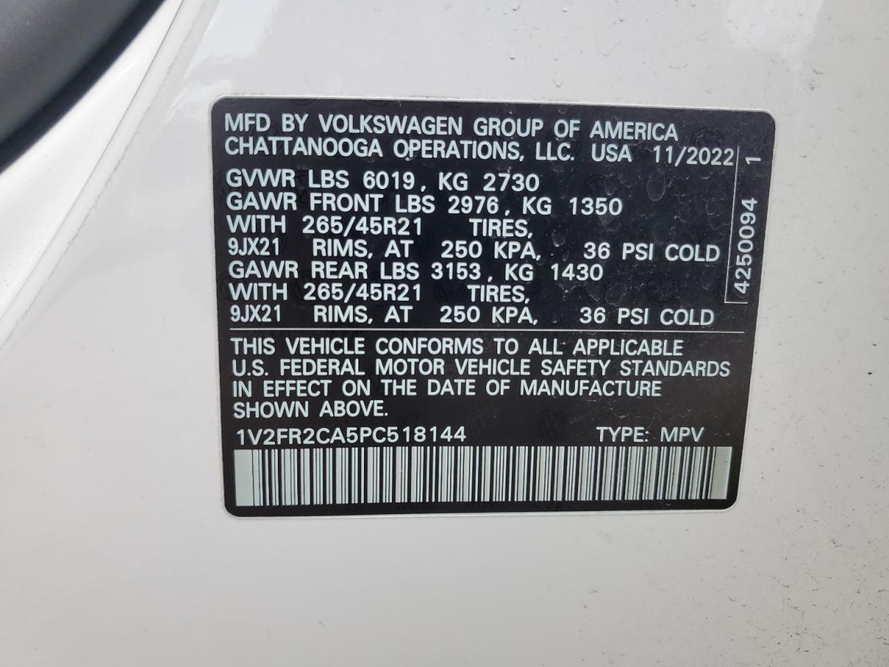 2023 VOLKSWAGEN ATLAS SEL PREMIUM R-LINE VIN:1V2FR2CA5PC518144