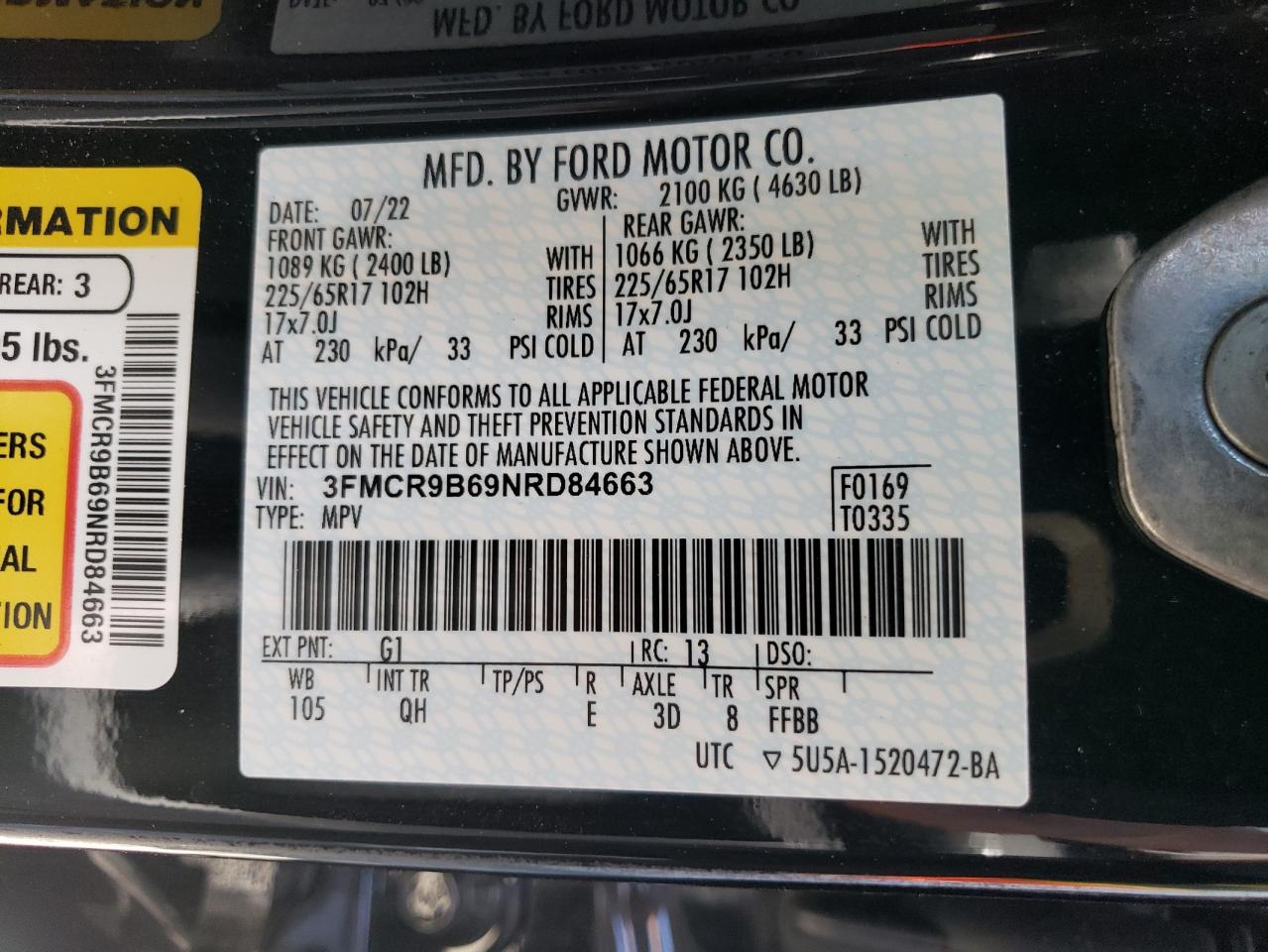 2022 FORD BRONCO SPORT BIG BEND VIN:3FMCR9B69NRD84663
