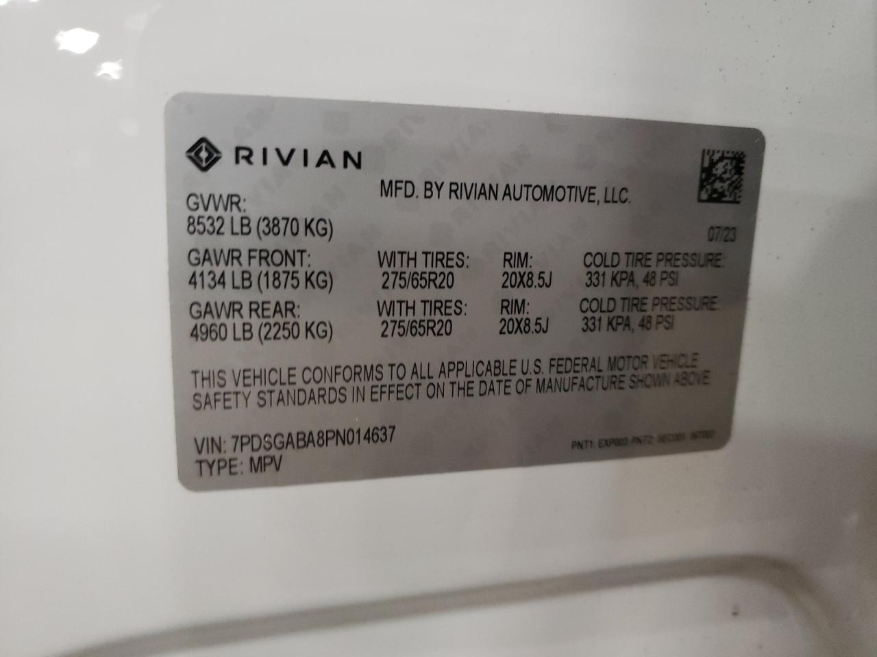 2023 RIVIAN R1S ADVENTURE VIN:7PDSGABA8PN014637