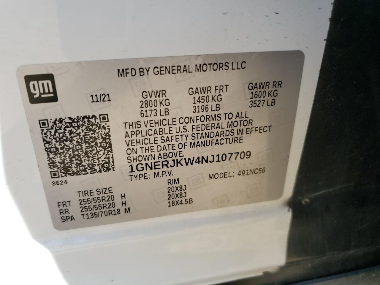 2022 CHEVROLET TRAVERSE RS VIN:1GNERJKW4NJ107709