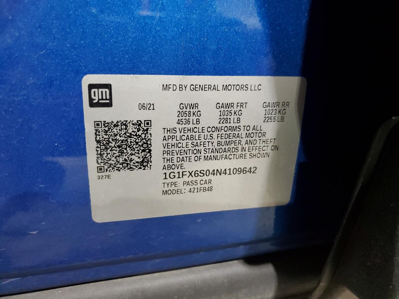 2022 CHEVROLET BOLT EV 2LT VIN:1G1FX6S04N4109642