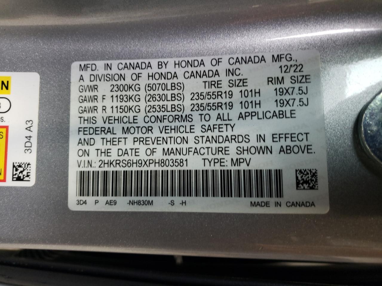 2023 HONDA CR-V SPORT TOURING VIN:2HKRS6H9XPH803581