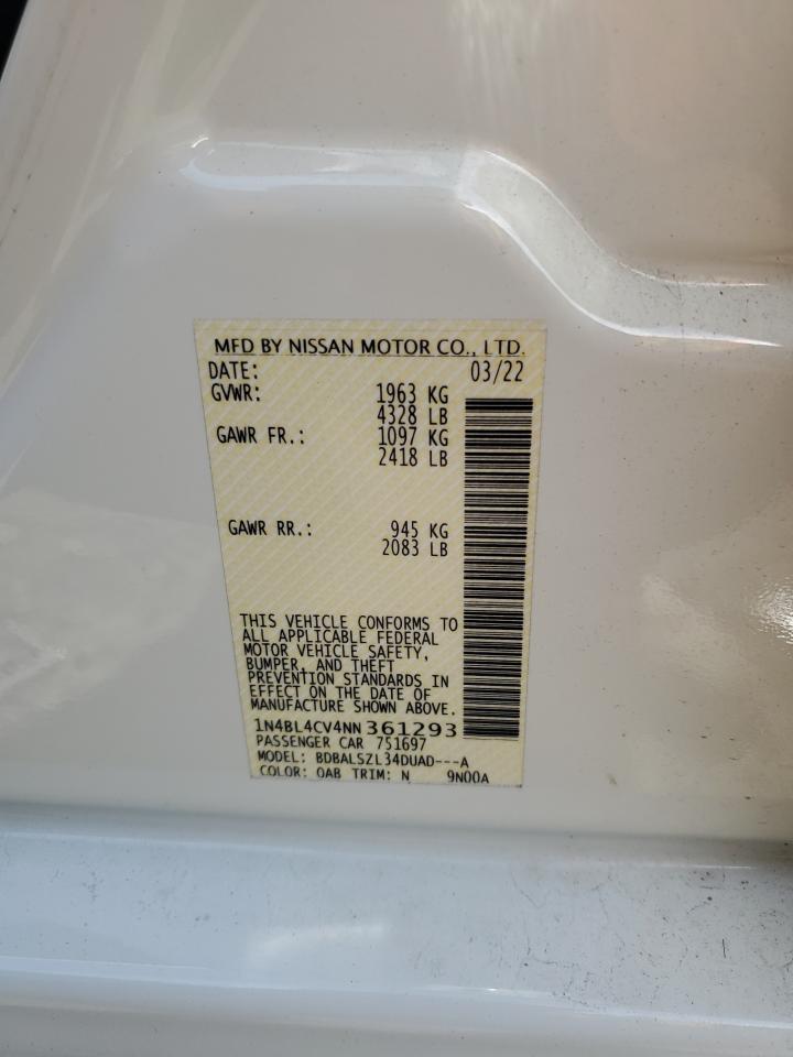 2022 NISSAN ALTIMA SR VIN:1N4BL4CV4NN361293