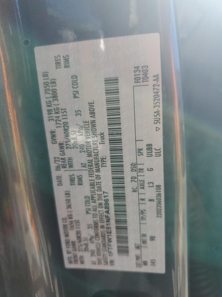 2022 FORD F150 SUPERCREW VIN:1FTFW1E51NFA89617