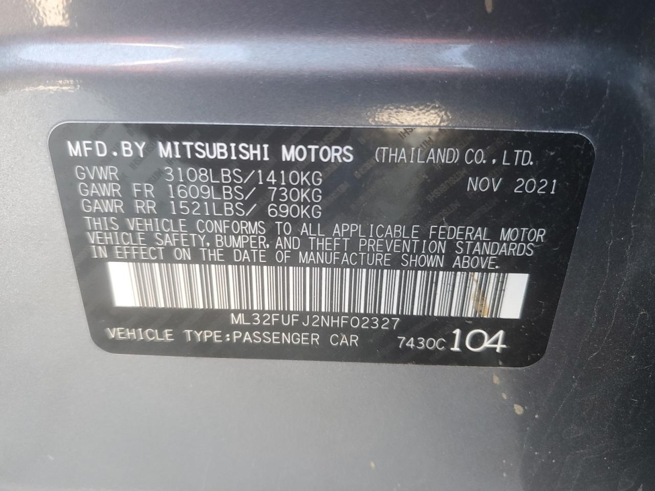 2022 MITSUBISHI MIRAGE G4 ES VIN:ML32FUFJ2NHF02327