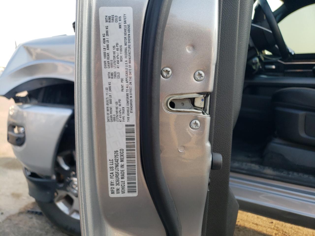 2022 RAM 2500 LARAMIE VIN:3C6UR5FJ7NG427576