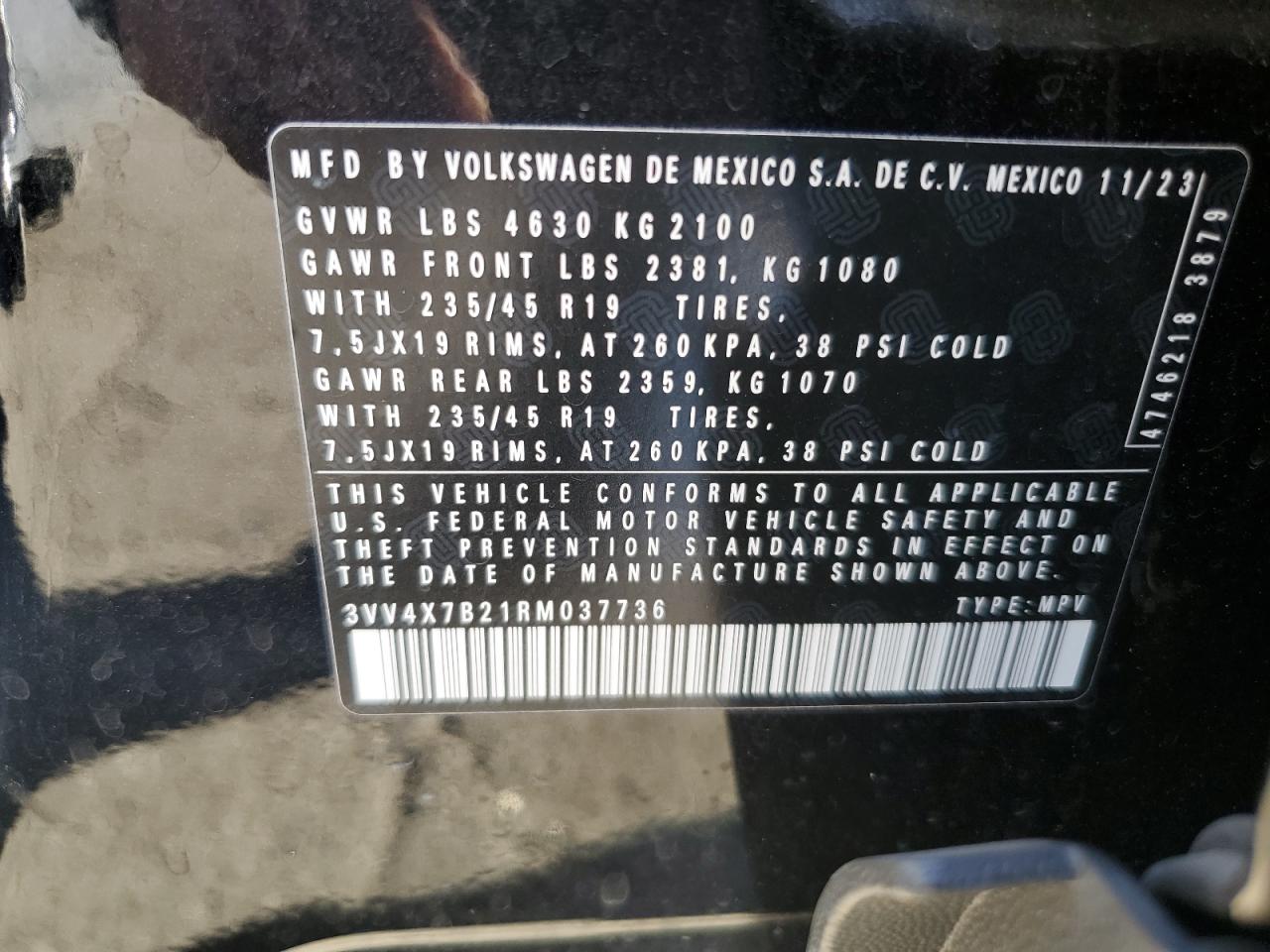 2024 VOLKSWAGEN TAOS SEL VIN:3VV4X7B21RM037736