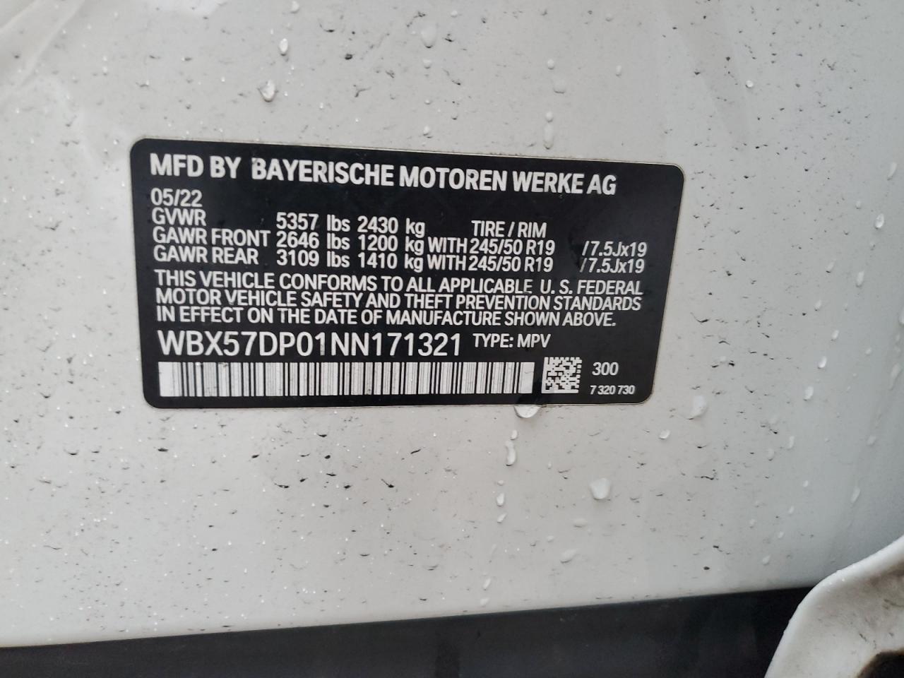 2022 BMW X3 XDRIVE30I VIN:WBX57DP01NN171321