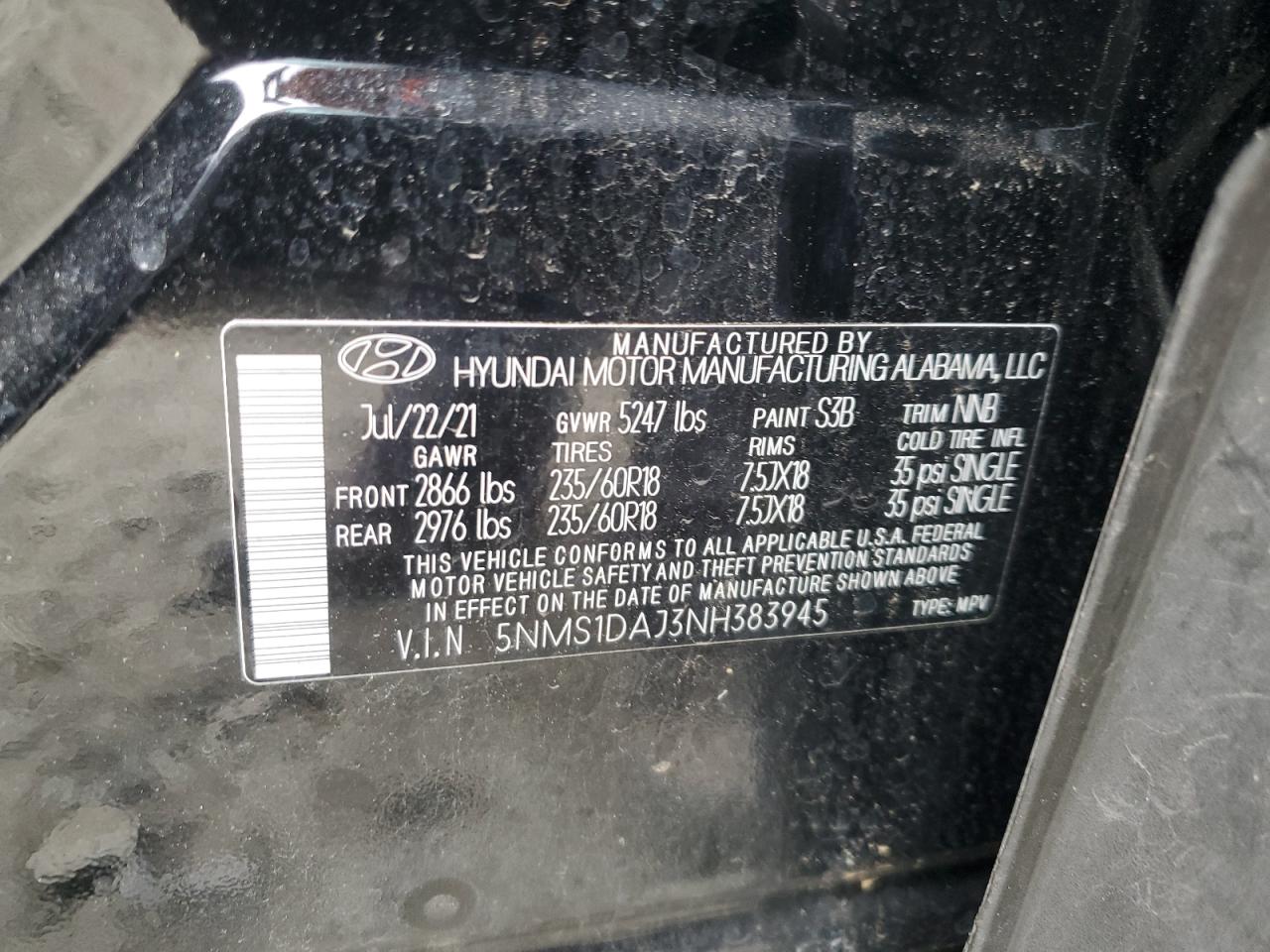 2022 HYUNDAI SANTA FE SE VIN:5NMS1DAJ3NH383945