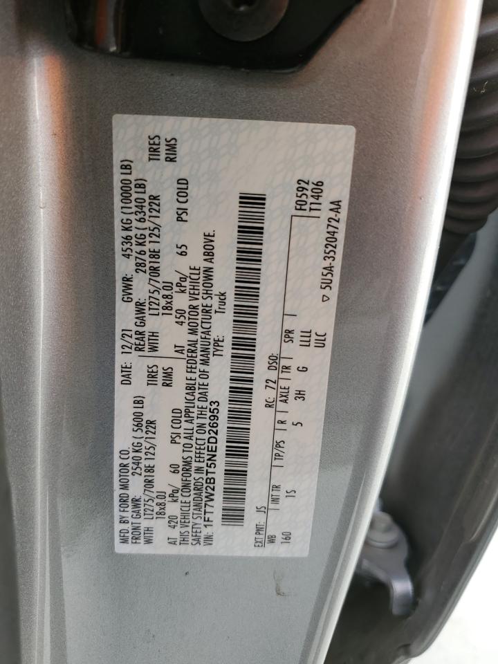 2022 FORD F250 SUPER DUTY VIN:1FT7W2BT5NED26953