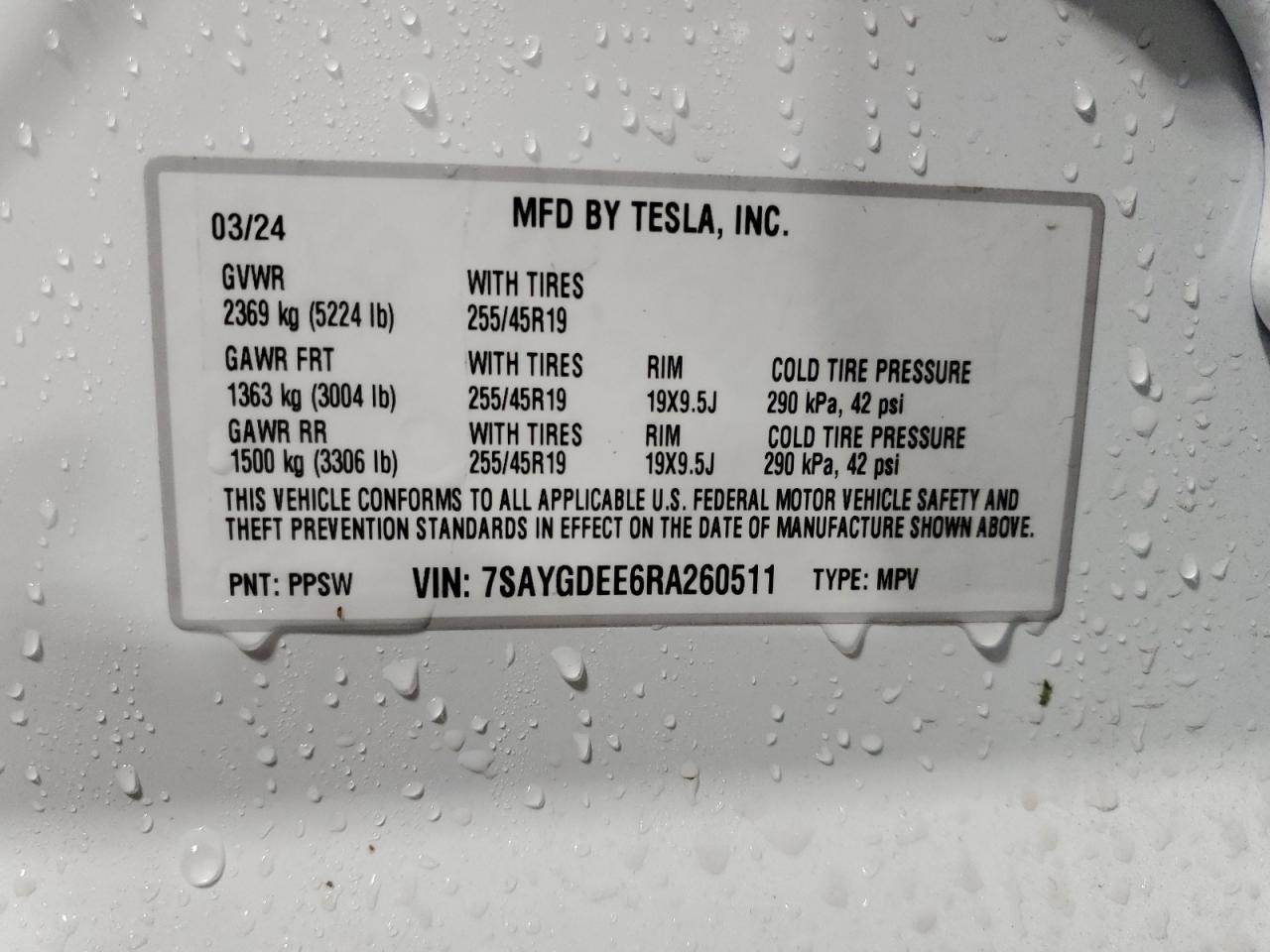 2024 TESLA MODEL Y VIN:7SAYGDEE6RA260511