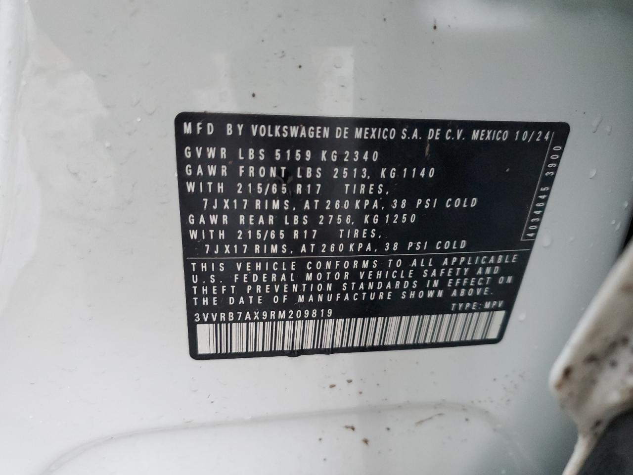 2024 VOLKSWAGEN TIGUAN S VIN:3VVRB7AX9RM209819