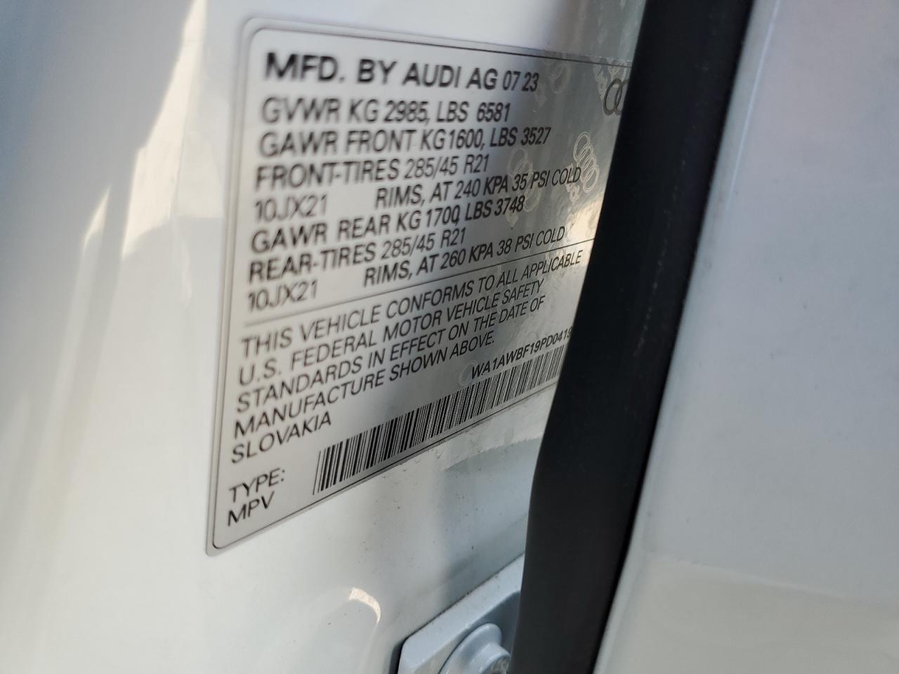 2023 AUDI SQ8 PREMIUM PLUS VIN:WA1AWBF19PD041903
