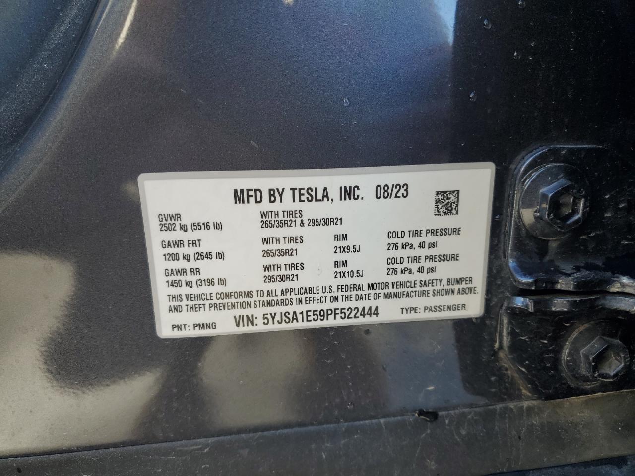 2023 TESLA MODEL S VIN:5YJSA1E59PF522444