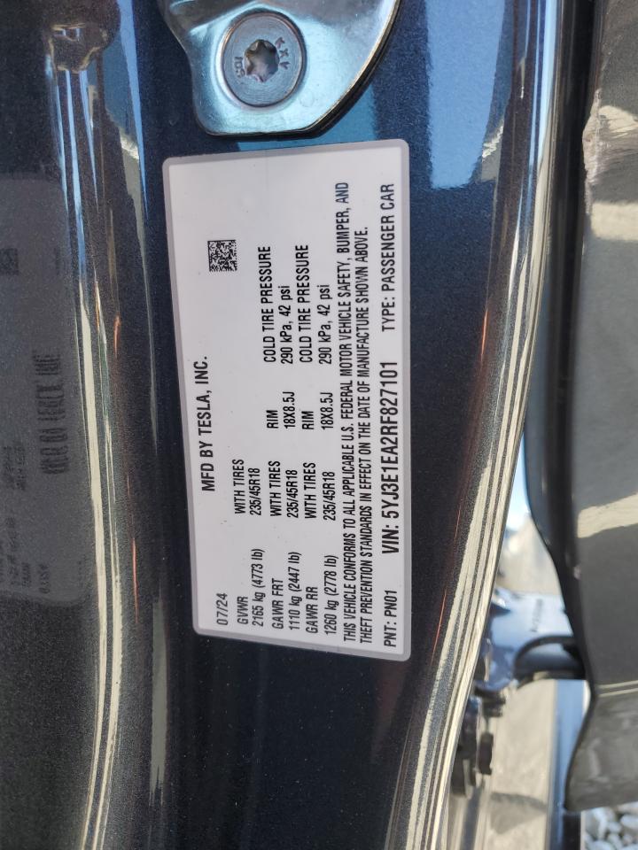 2024 TESLA MODEL 3 VIN:5YJ3E1EA2RF827101
